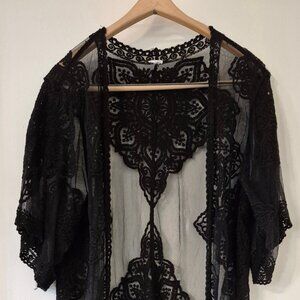 Black Sheer Mesh Embroidered Lace Kimono Boho Witchy Whimsigoth Dark Romantic OS